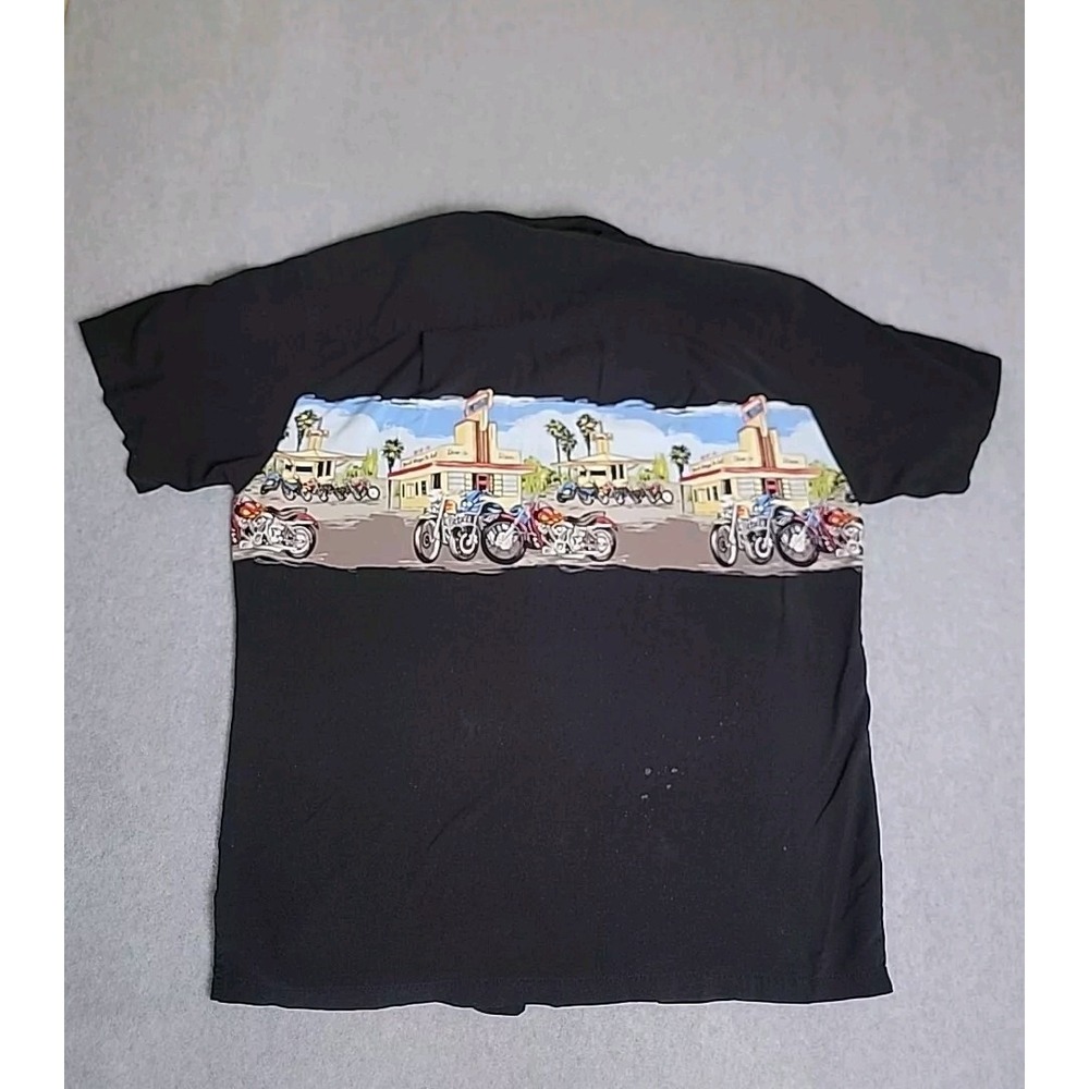 Paradise Found Hawaiian Shirt Mens Large Black Rayon Drive-In Diner Motorcycles